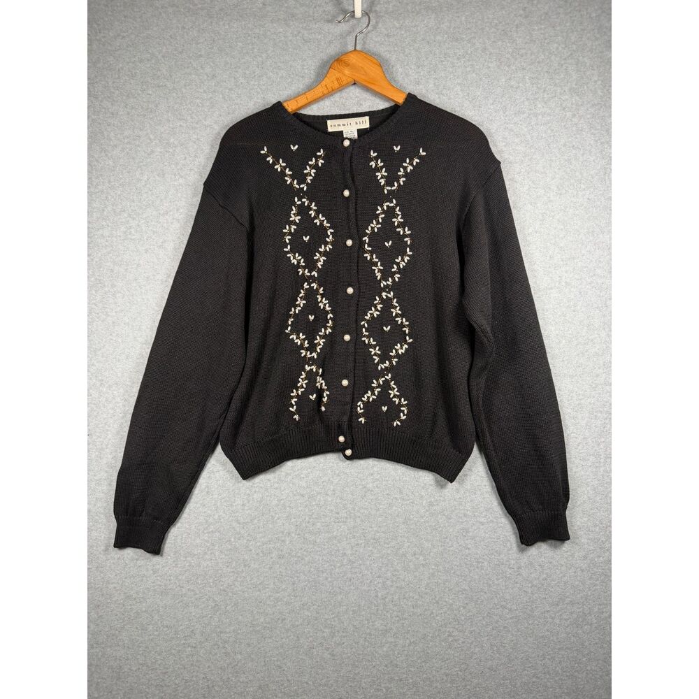 Vintage Summit Hill Women's XL Black Beaded Ramie Cotton Cardigan Sweater 3908